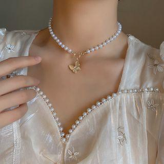 Butterfly Pendant Faux Pearl Necklace 1 Pc - White & Gold - One Size
