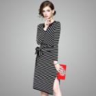 Long-sleeve Tie-waist Striped Knit Dress