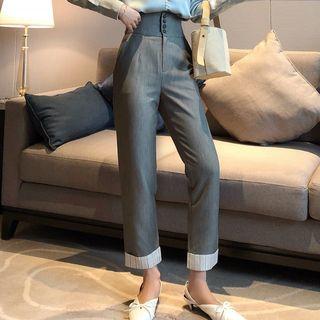 Notch Lapel Shirt / High-waist Cuffed Straight Cut Pants