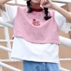 Mock Two-piece Short-sleeve Strawberry Embroidered Panel T-shirt Red - One Size