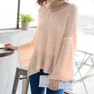 Bell-sleeve Open-knit Top