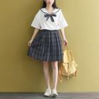 Mock Two Piece Elbow-sleeve Plaid A-line Dress