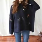 Flower Embroidered Wool Blend Sweater