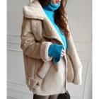 Buckled-neck Faux-shearling Rider Jacket Beige - One Size