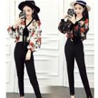 Set: Floral Print Long-sleeve Blouse + Skinny Pants