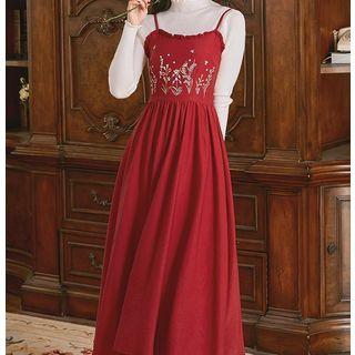 Set: Mock-turtleneck Knit Top + Embroidered Midi Pinafore Dress