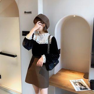 Stand-collar Velvet Lace Panel Top