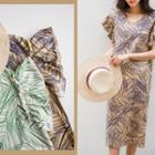 Ruffled-sleeve Foliage Linen Blend Dress