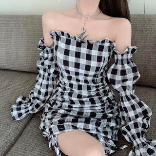 Plaid Off-shoulder Drawstring Mini Bodycon Dress