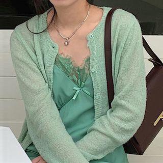 Plain Cardigan / Spaghetti Strap Lace Trim Shift Dress