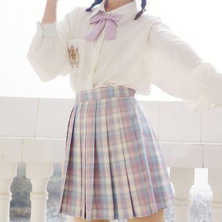 Plaid Pleated Mini A-line Skirt / Shirt / Ribbon Bow Tie / Set