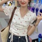 Cherry Print Cropped T-shirt White - One Size