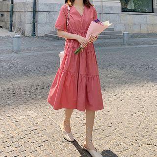 V-neck Drawstring-waist Midi A-line Dress