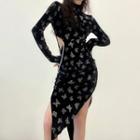 Long-sleeve Asymmetrical Butterfly Print Sheath Dress