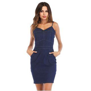 Spaghetti-strap Pocketed Denim Dress