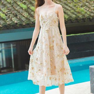 Star Detail Sequined Spaghetti Strap Midi A-line Dress