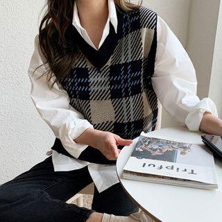 V-neck Plaid Knit Vest Navy Blue - One Size