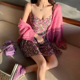 Plain Cardigan / Spaghetti Strap Floral Print Mini Dress