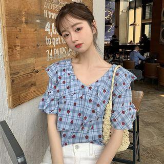 V-neck Strawberry Print Short-sleeve Shirt Top