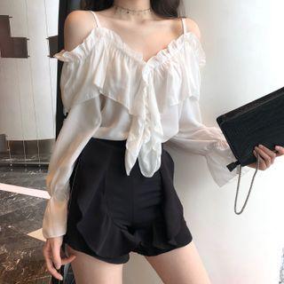 Long-sleeve Cold Shoulder Blouse / Shorts