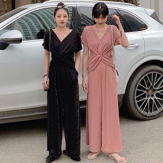 Set: Short Sleeve V-neck Glittered Knotted Top + Wide-leg Pants