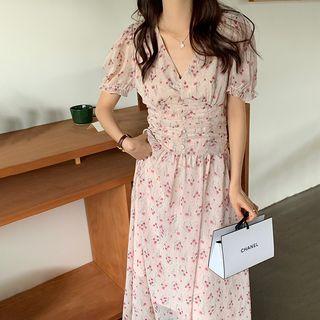 Short-sleeve V-neck Floral Midi A-line Dress Red Floral - Pale Pink - One Size