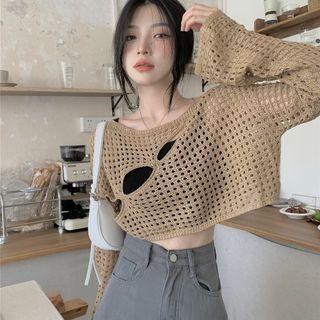 Long-sleeve Pointelle Knit Crop Top