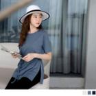 Tie-waist Slit-side Short-sleeve Striped Top