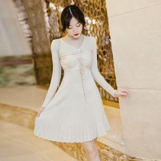 Long-sleeve Drawstring A-line Knit Dress