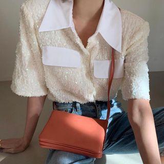 Sequined Lapel Short-sleeve Blouse