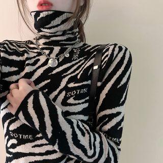 High-neck Zebra-print Slim-fit Knit Top Zebra - One Size
