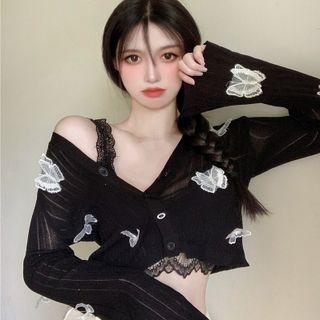 Butterfly-accent Cropped Cardigan / Lace Camisole