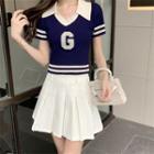 Short-sleeve Lettering V-neck Cropped Top / High-waist Pleated A-line Mini Skirt