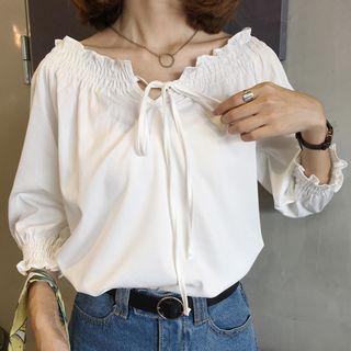 Tie Neck Shirred 3/4 Sleeve Top