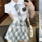 Short-sleeve Top / Tie / Plaid Mini Skirt / Set