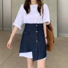Short-sleeve T-shirt Dress / Asymmetrical A-line Denim Skirt
