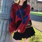 Argyle Ripped Sweater / Pleated Skirt / Set