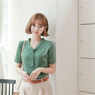 Tie-neck Short-sleeve Knit Top