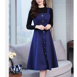 Set: Long-sleeve Top + Midi A-line Overall Dress