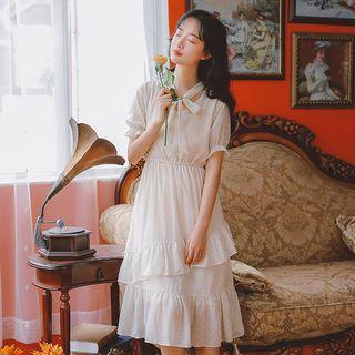 Short-sleeve Frill Trim Chiffon A-line Midi Dress