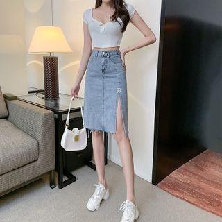 Distressed Slit Denim Pencil Skirt