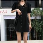 Elbow-sleeve Buttoned A-line Dress Black - One Size
