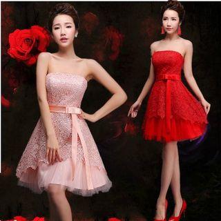 Strapless Mesh Panel Lace Party Dress
