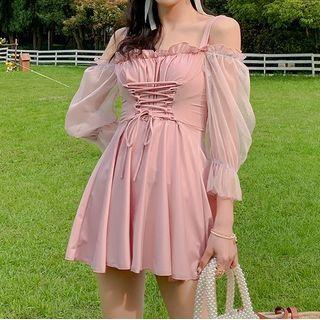 Bell-sleeve Cold-shoulder Lace-up Swim Dress
