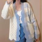 Plaid Cable Knit Cardigan Light Blue & White - One Size