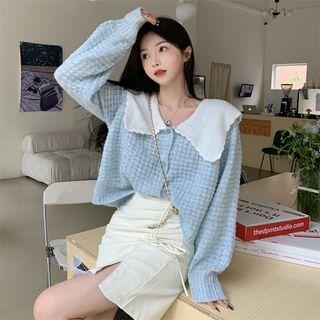 Contrast Collar Cardigan Blue - One Size