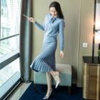 Set: Tie-neck Cardigan + Midi A-line Pleated Knit Skirt As Shown In Figure - One Size
