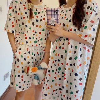 Set:polka Dot Crewneck Short-sleeve Top + High-waist Shorts / Plain Crewneck Short-sleeve Dress