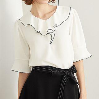 Ruffle Contrast Trim Elbow-sleeve Blouse