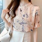 Short-sleeve Printed Lace Trim Blouse